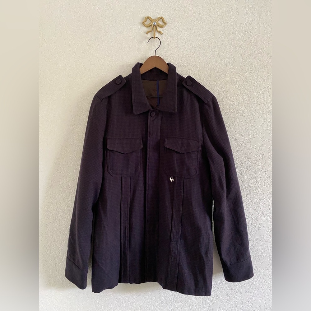 Modern Amusement Men's Wool Coat Sz L Blue Brown Gingham Print Collared Preppy